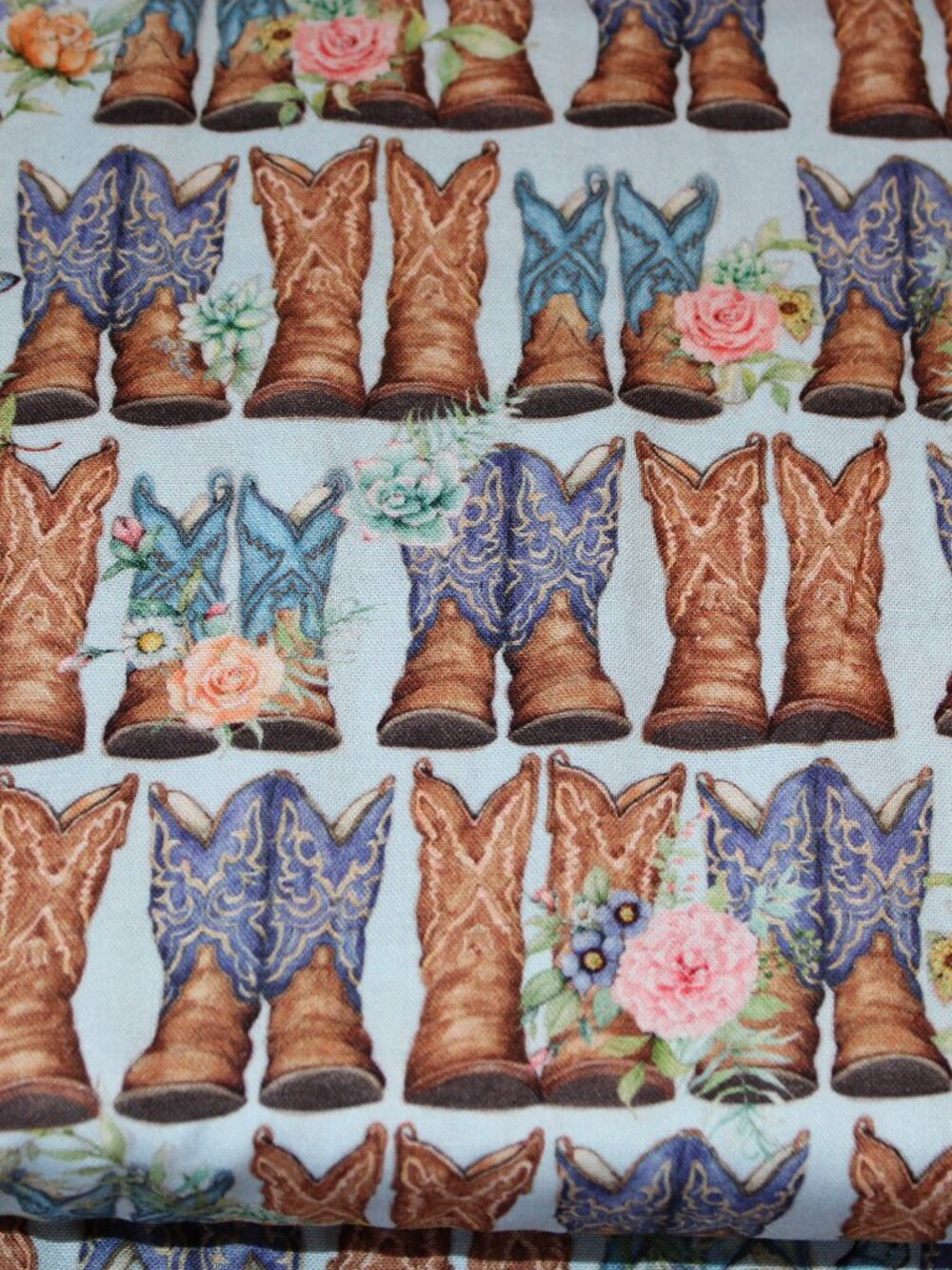 One Yard Cotton Fabric DUSTY BOOTS Cowboy Boots on Blue
